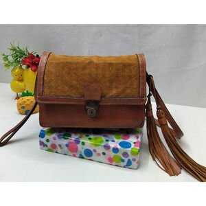 Patricia Nash Brown Suede Leather Pushlock Flap Closure Crossbody Bag